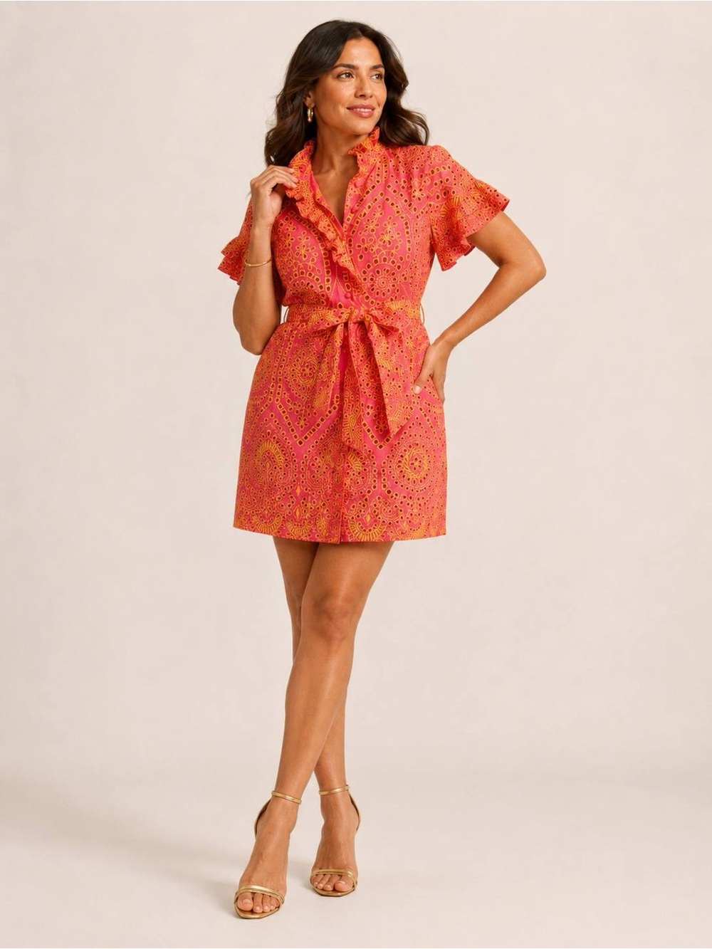 Abbeyglass Eyelet Dress Women's Pink Yellow Belted Size XL NWT